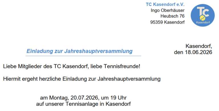 Einladung zu unserer Jahreshauptversammlung des TCK
